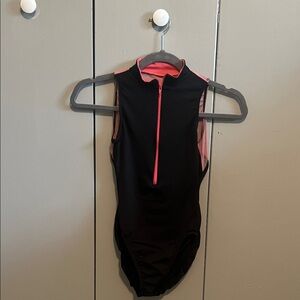 Black and Pink Sleeveless Leotard with zip front and open mesh back